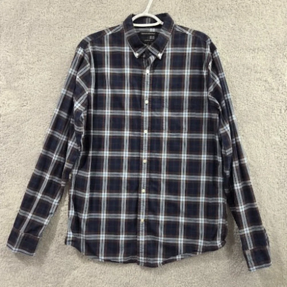 Banana Republic Button Up Shirt Men Large Tall (LT) Blue Plaid Untucked Slim Fit